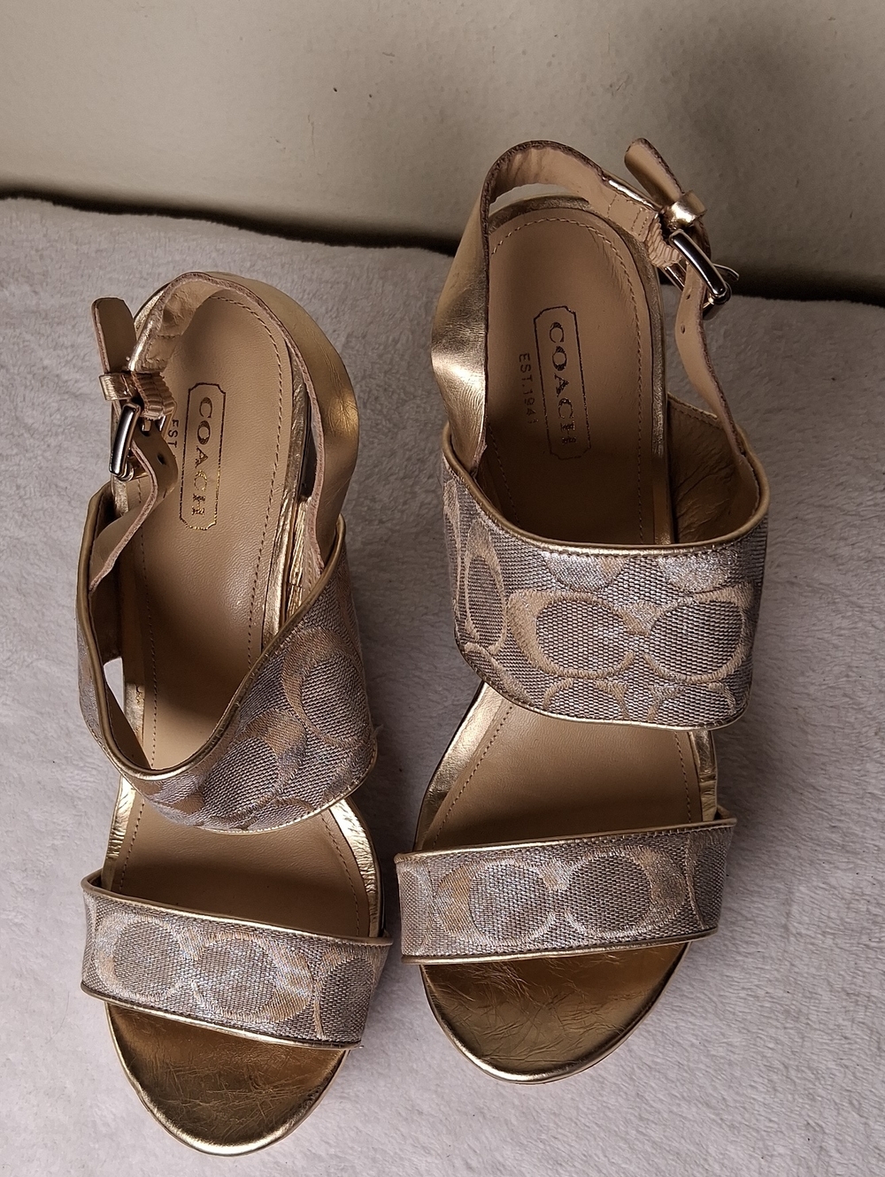 Coach Metallic Gold Signature Wedge Sandals